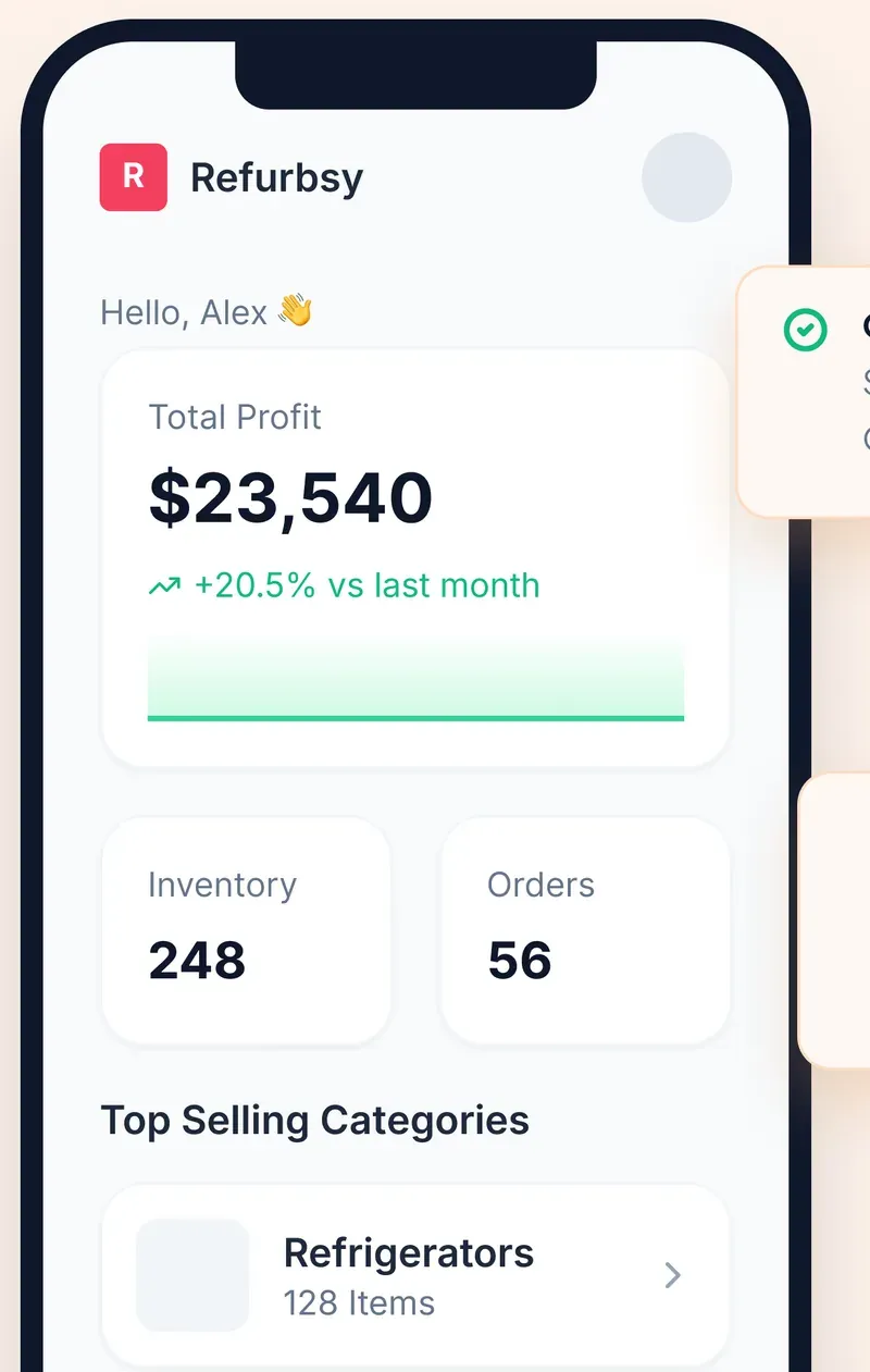 Refurbsy mobile app dashboard showing $23,540 total profit, 248 inventory items and 56 orders